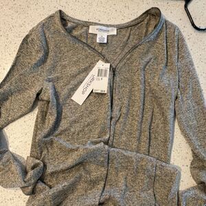 Workshop Republic Clothing Black Taupe Zip Top V-Neck Long Sleeve Rayon M